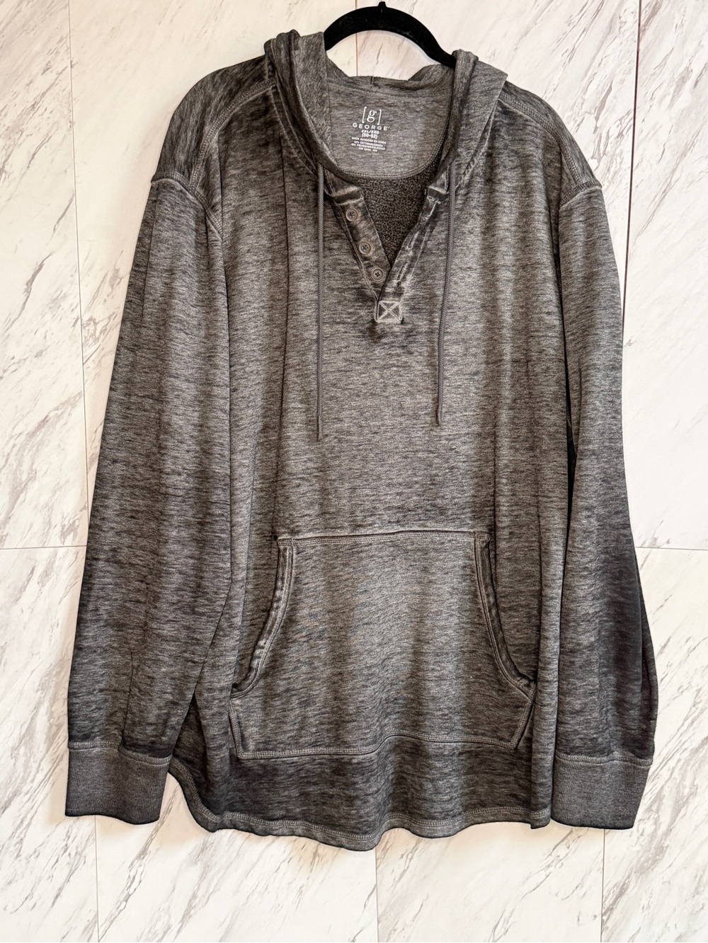 George Men's Gray Burnout Henley Hoodie 2XL Sun Wash Long Sleeve Skater - Picture 2 of 5